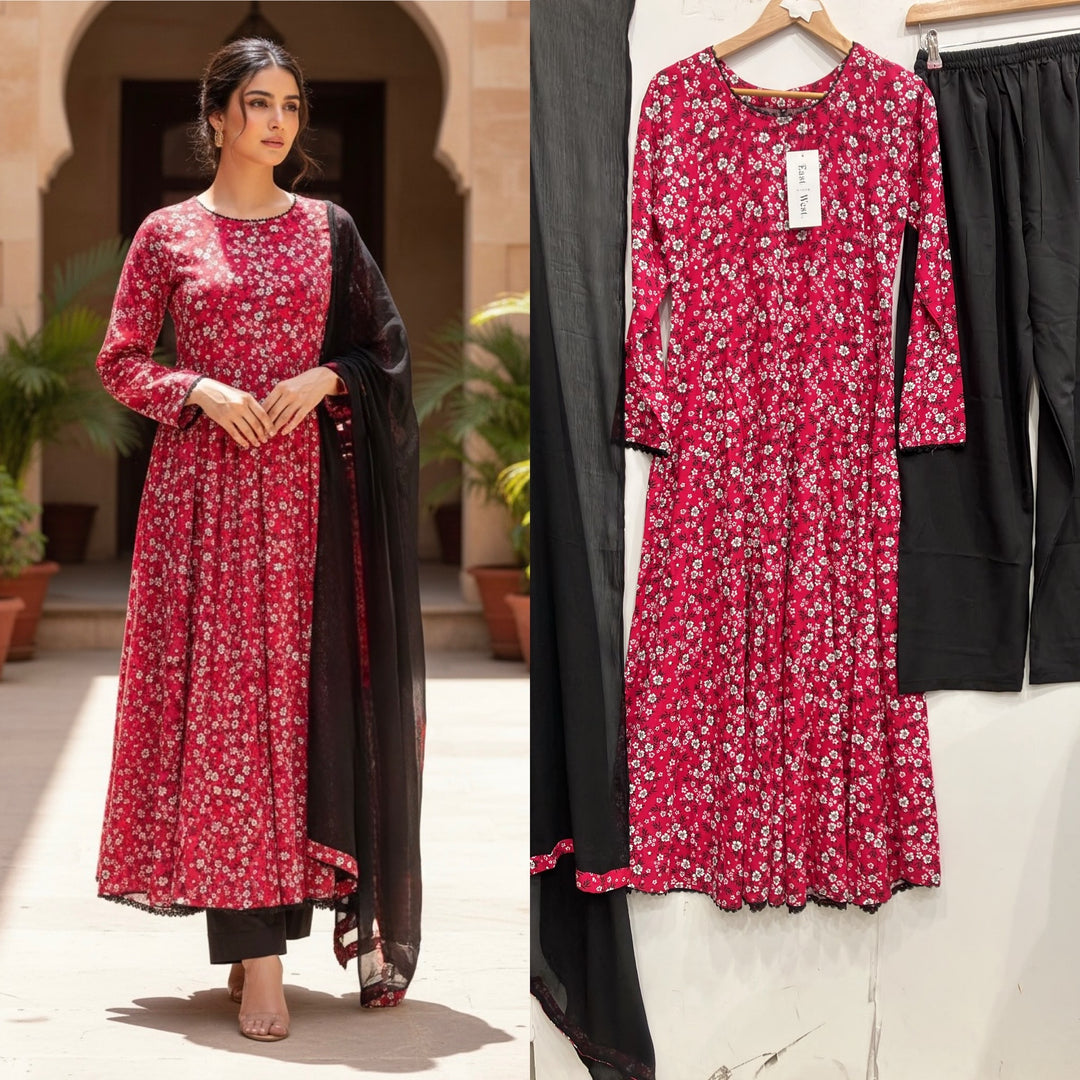 LS04 - PINK COTTON PRINT LONG DRESS 3 PIECE SUIT