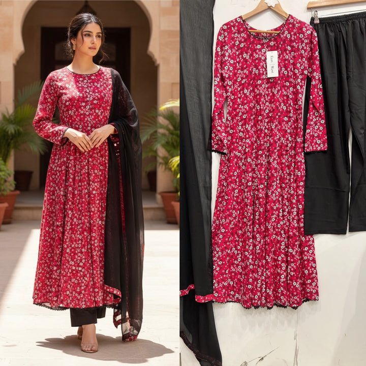 LS04 - PINK COTTON PRINT LONG DRESS 3 PIECE SUIT