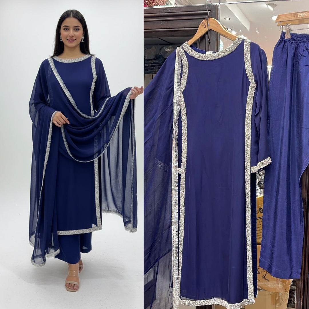 433B - BLUE CHIFFON EMBROIDERED ADDA WORK SUIT