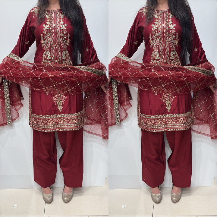 FR04 - MAROON EMBROIDERED VISCOSE SILK SUIT WITH FARSHI SHALWAR