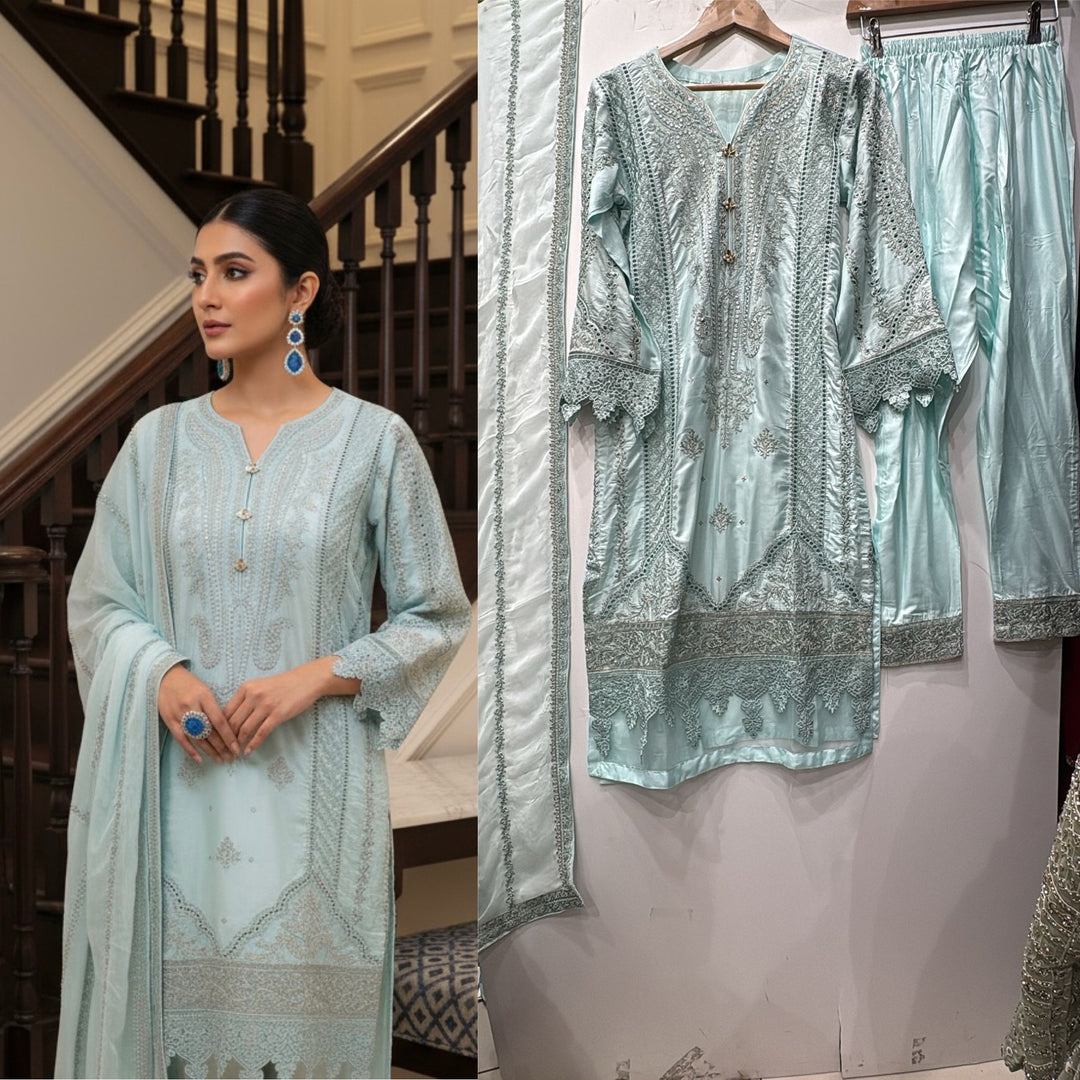 1153A - Light Blue Embroidered Linen 3 Piece suit