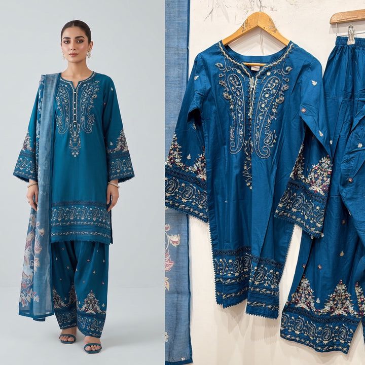 1130B - Teal Blue Viscose Shirt with Farshi Shalwar & Chiffon