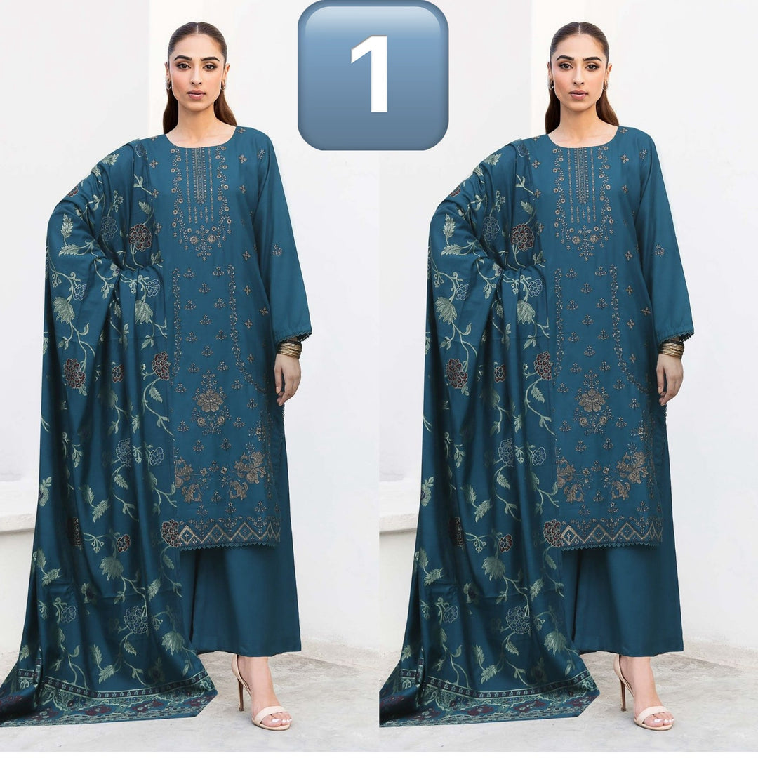 DF01 - FEROZI TEAL DHANAK LINEN EMBROIDERED SUIT