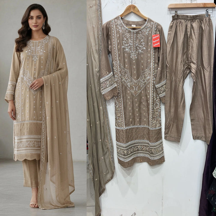 1175B - Dark Beige Embroidered Linen 3 Piece suit