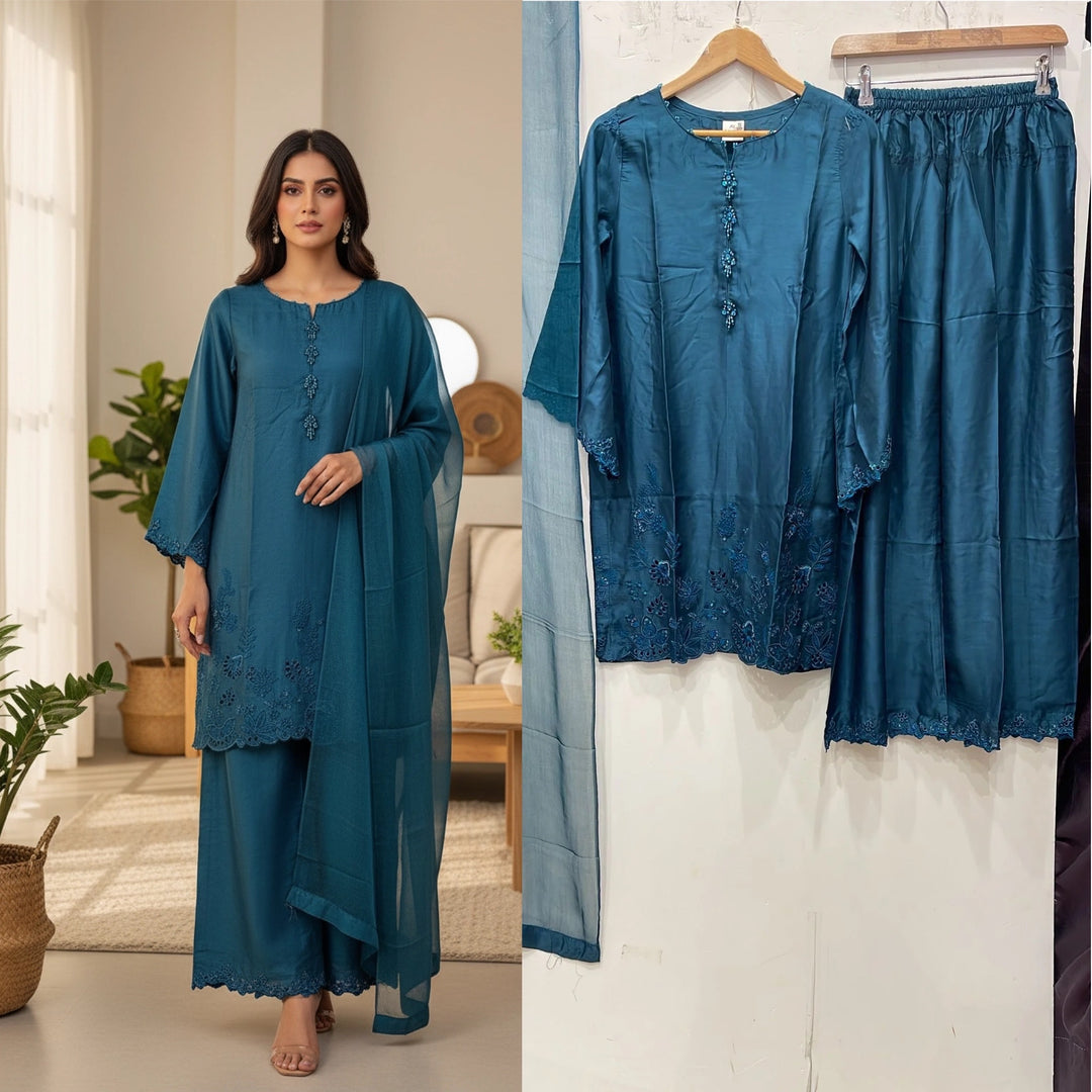 1181A - Teal Embroidered Viscose Linen 3 Piece suit