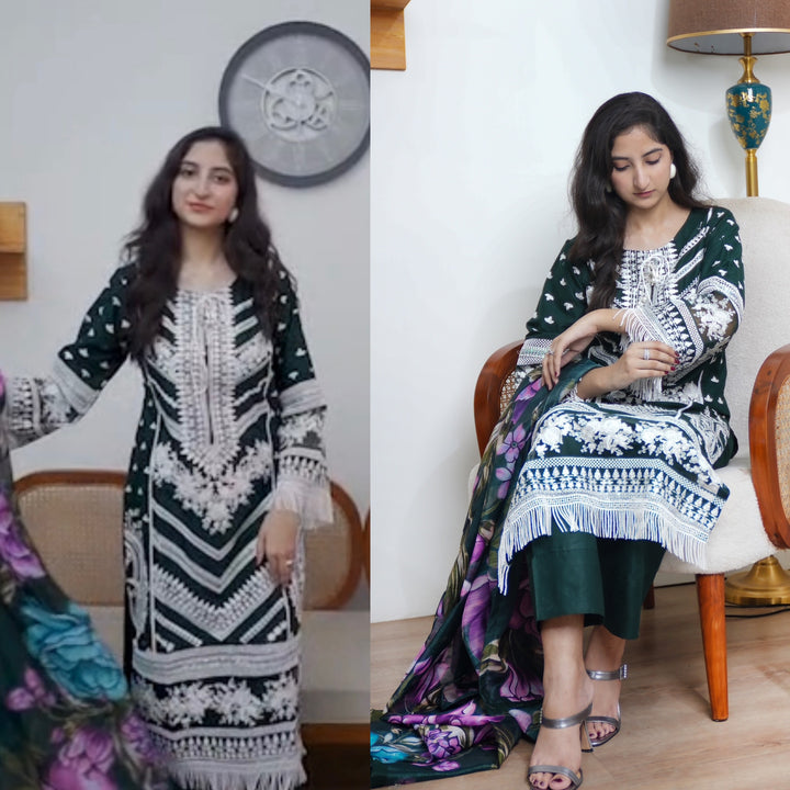 1129M - Green Embroidered Cotton Suit