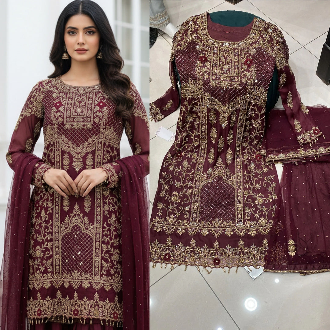 HEAVY EMBROIDERED & EMBELLISHED 3 PIECE SUIT 0197A
