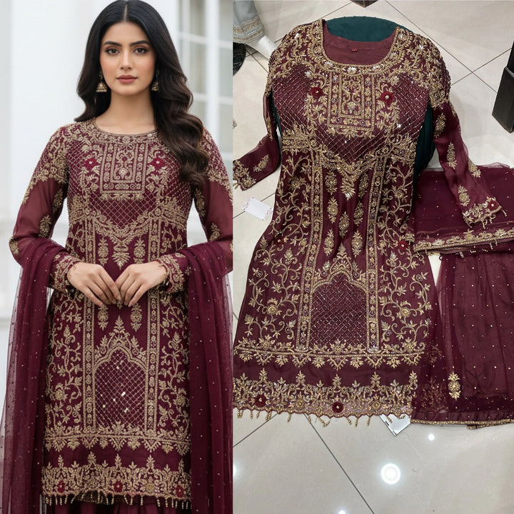 HEAVY EMBROIDERED & EMBELLISHED 3 PIECE SUIT 0197A