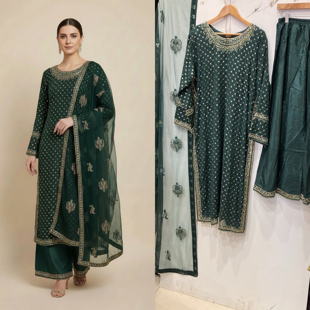 345D- Green Embroidered Chiffon 3 Piece Suit
