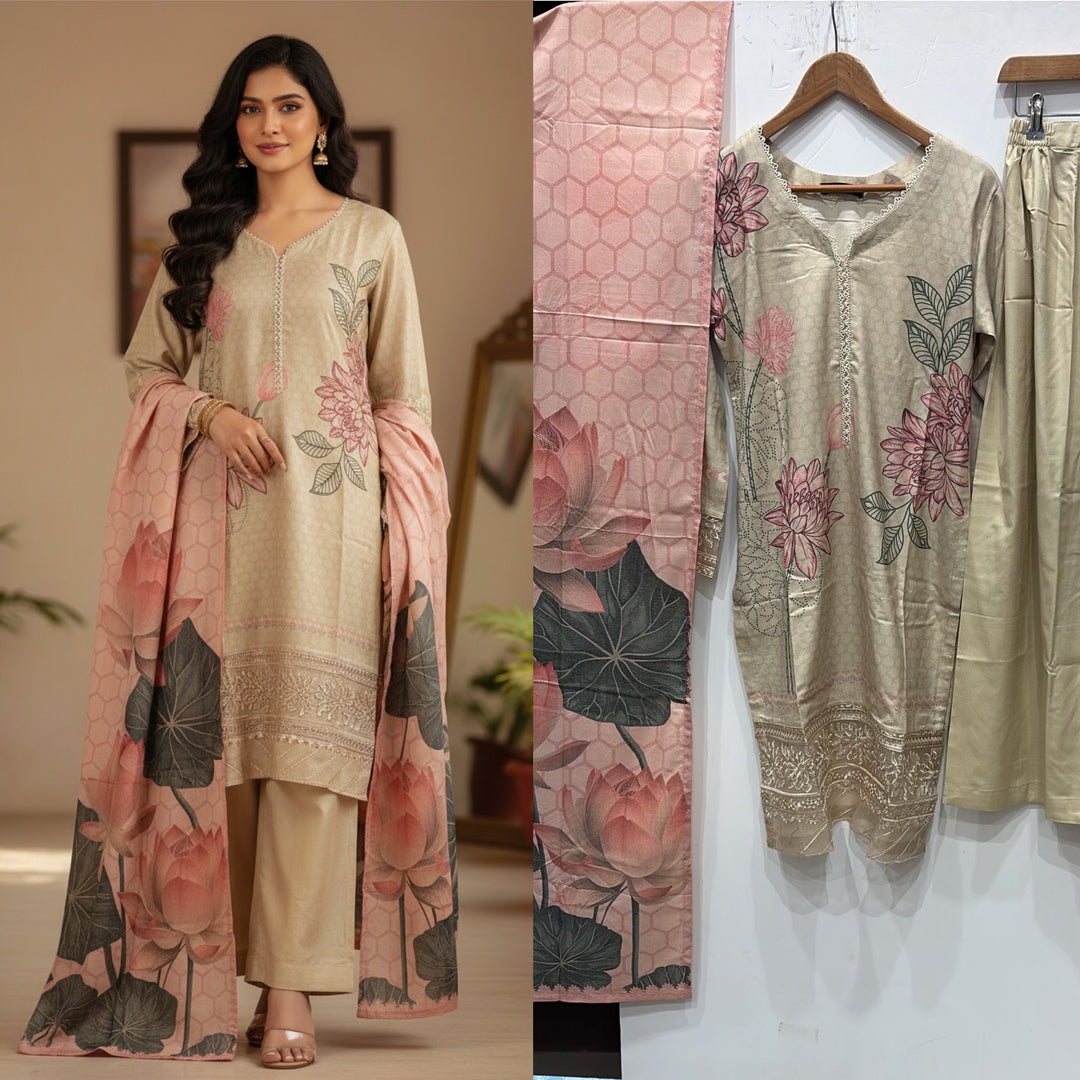 PL04 - EMBROIDERED LINEN PRINT 3 PIECE SUIT