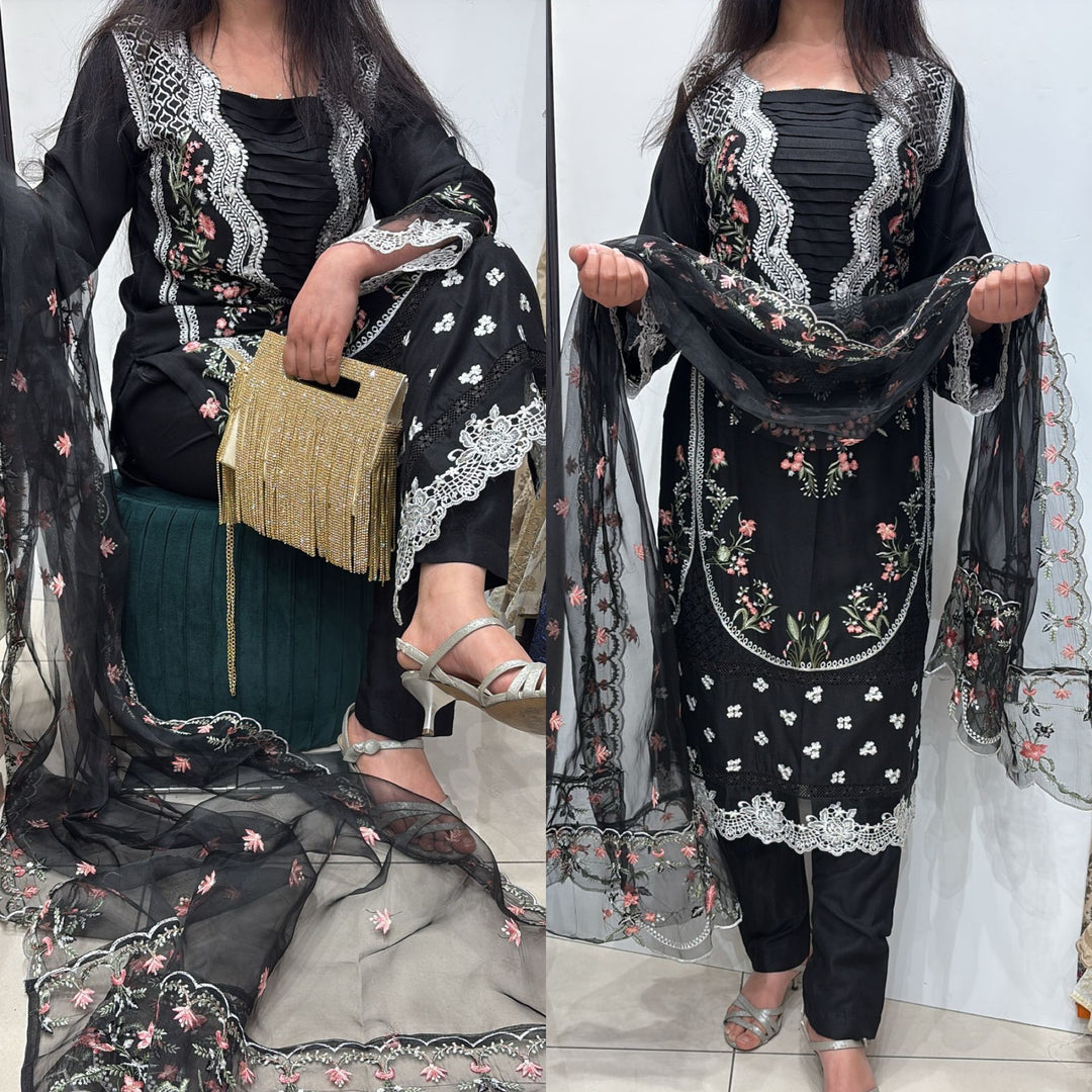 085C- BLACK EMBROIDERED LINEN 3 PIECE SUIT
