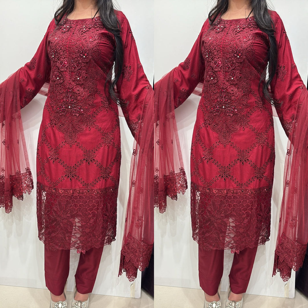 74C - Maria b inspired Red Embroidered Linen suit