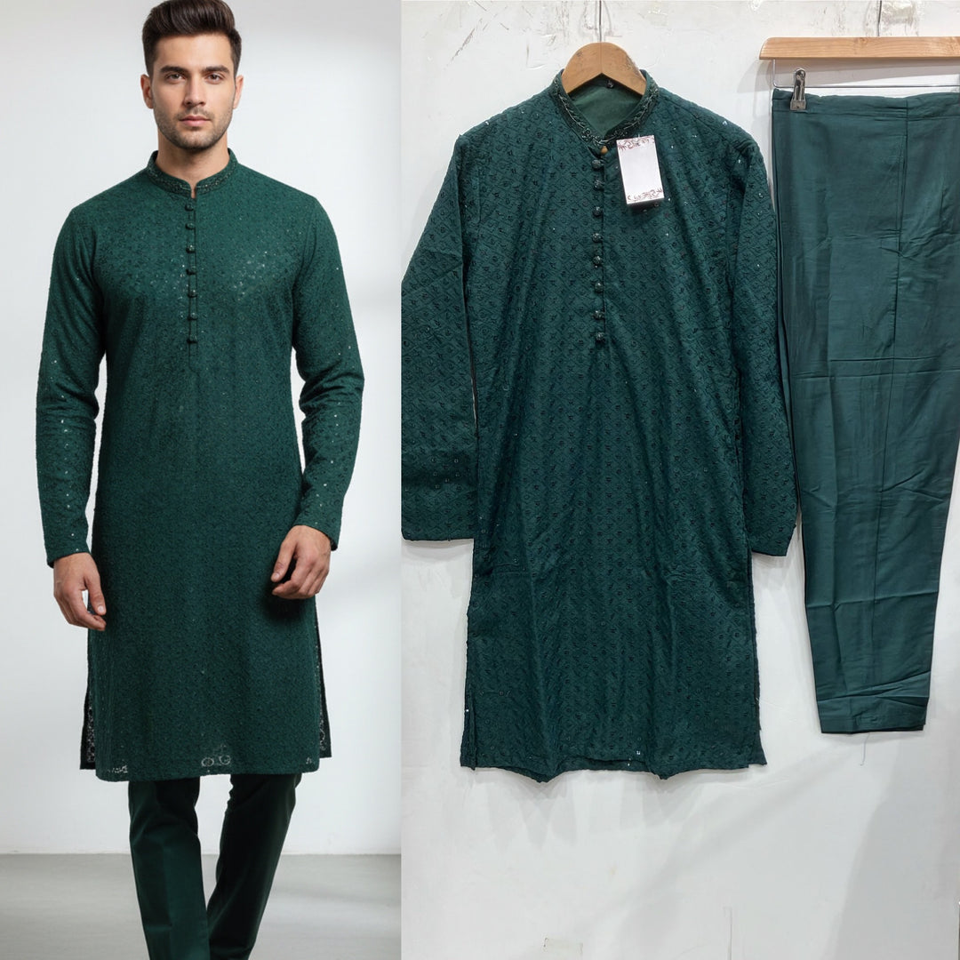 CK761A - Men’s Green Cotton Hand Embroidered Chikankari Set