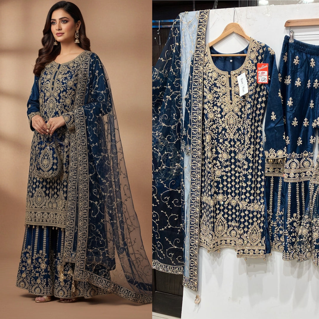 179A - BLUE EMBROIDERED & EMBELLISHED NET SUIT