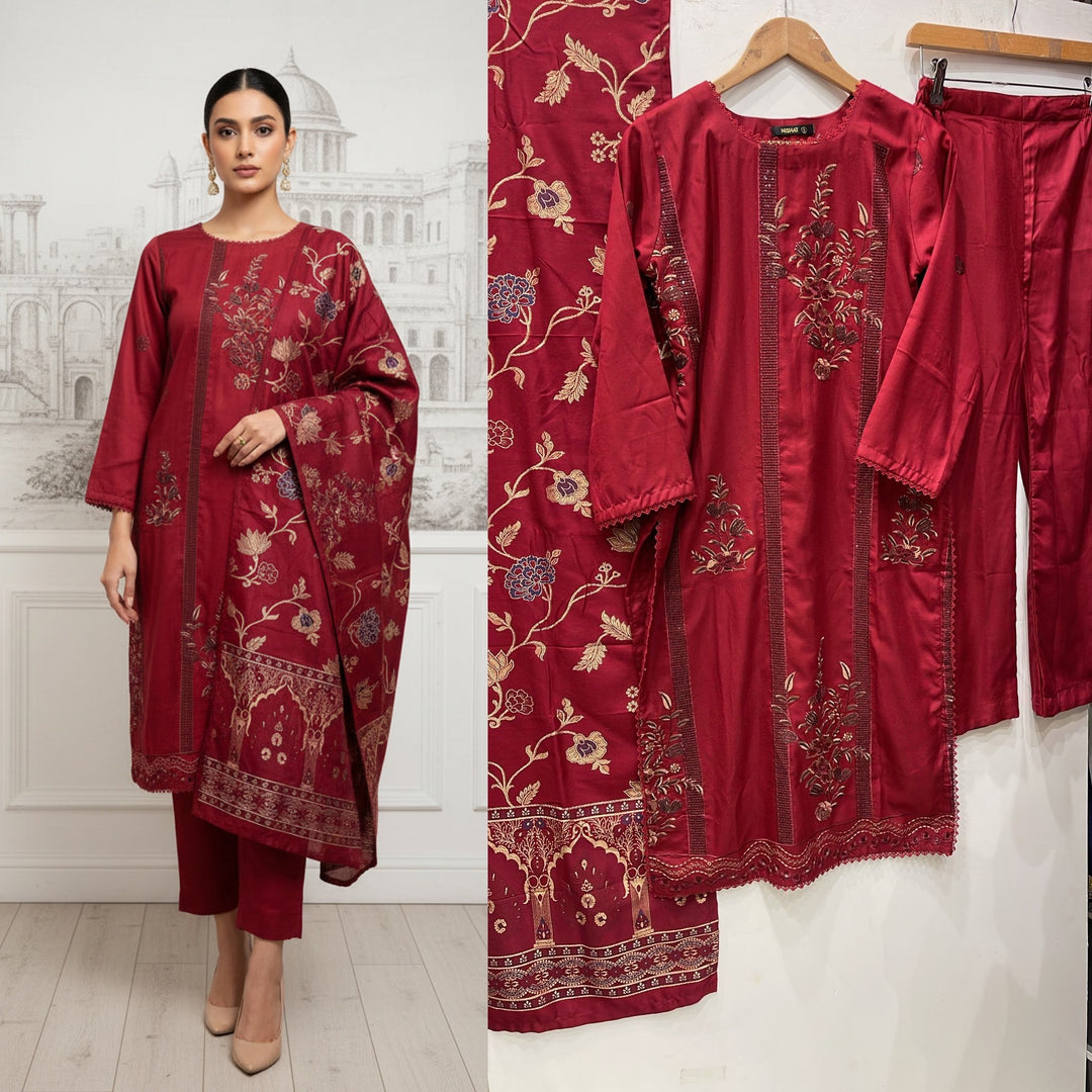 GF04 - RED DHANAK LINEN EMBROIDERED SUIT