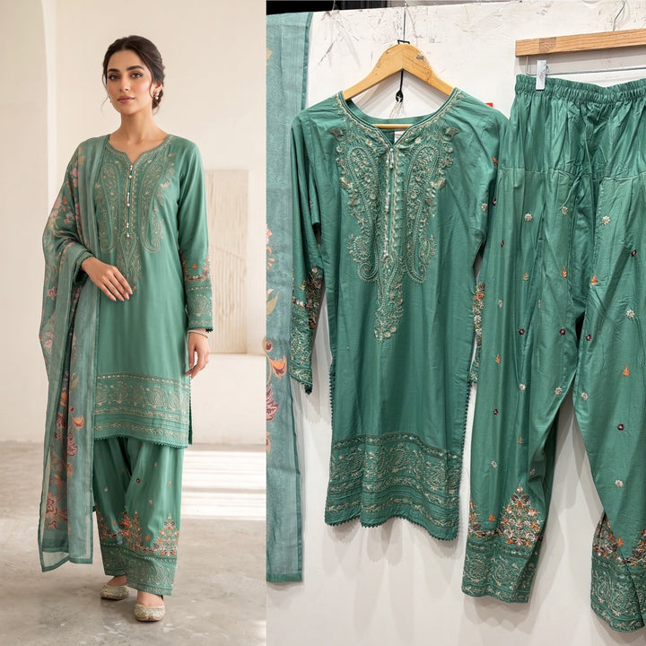 1130B - Sage Green Viscose Shirt with Farshi Shalwar & Chiffon (Copy) - East meets west clothing 
