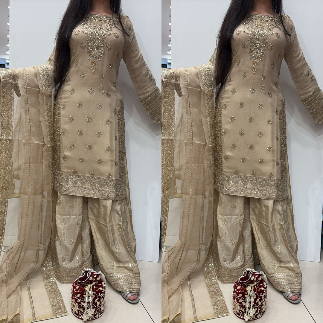 363C- BEIGE GOLD CHIFFON EMBROIDERED 3 PIECE SUIT