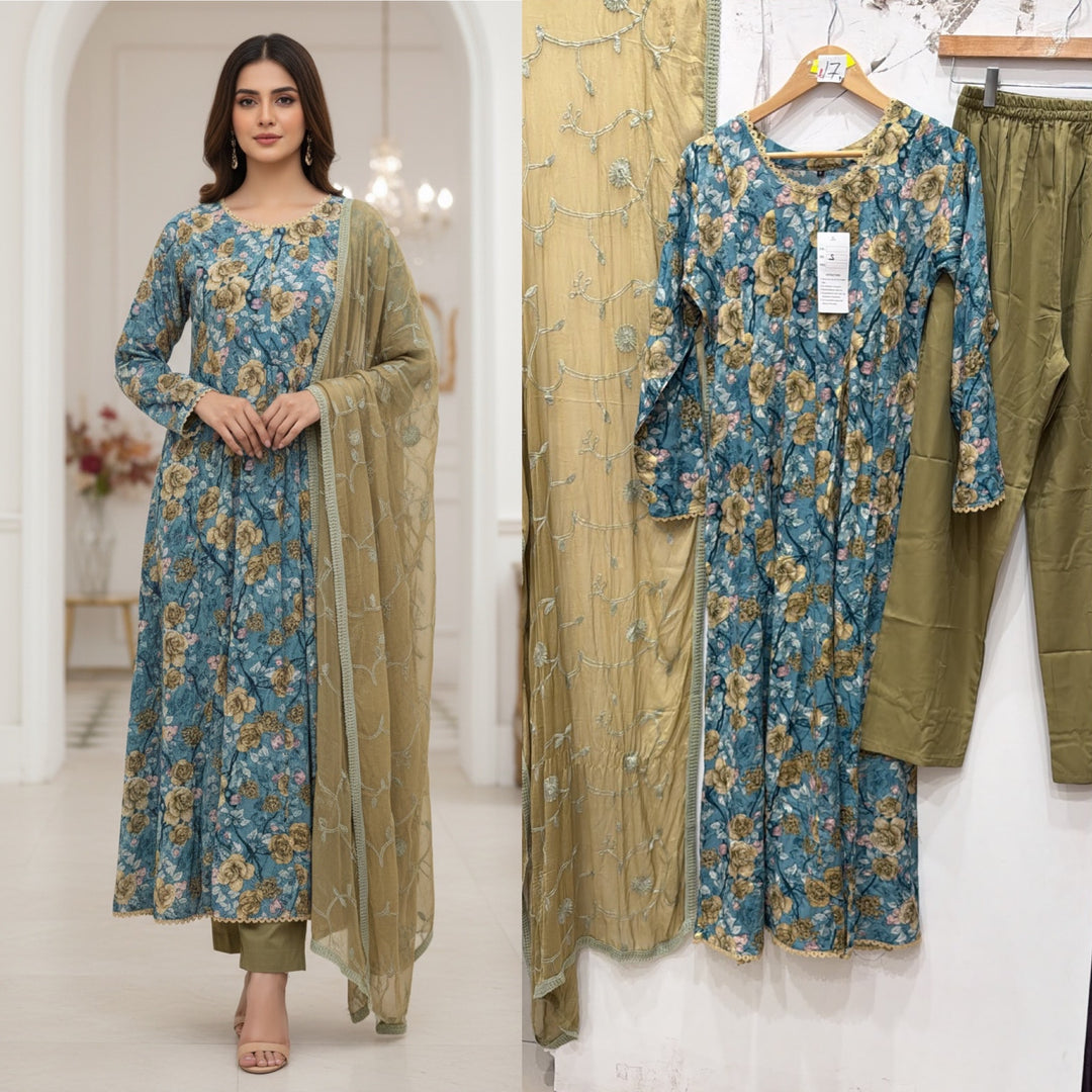GS02 - Blue Floral Cotton Long Dress 3-Piece Pakistani suit