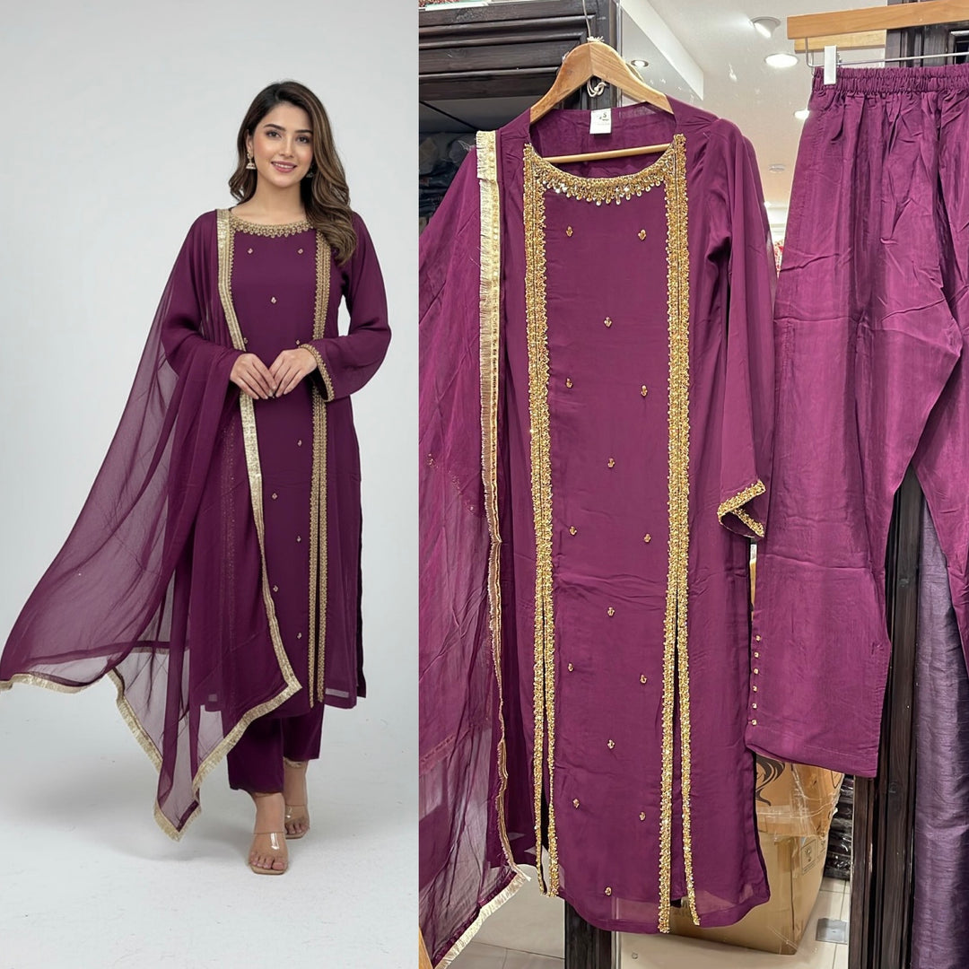 433A - PURPLE CHIFFON EMBROIDERED ADDA WORK SUIT