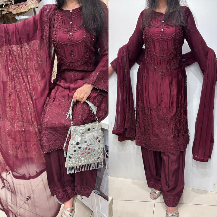 AG23c- MAROON EMBROIDERED SILK 3 PIECE SUIT