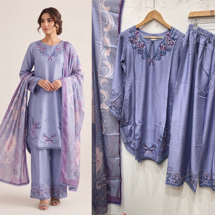 1127A - Lavender Embroidered Viscose Pakistani Suit with printed Dupatta