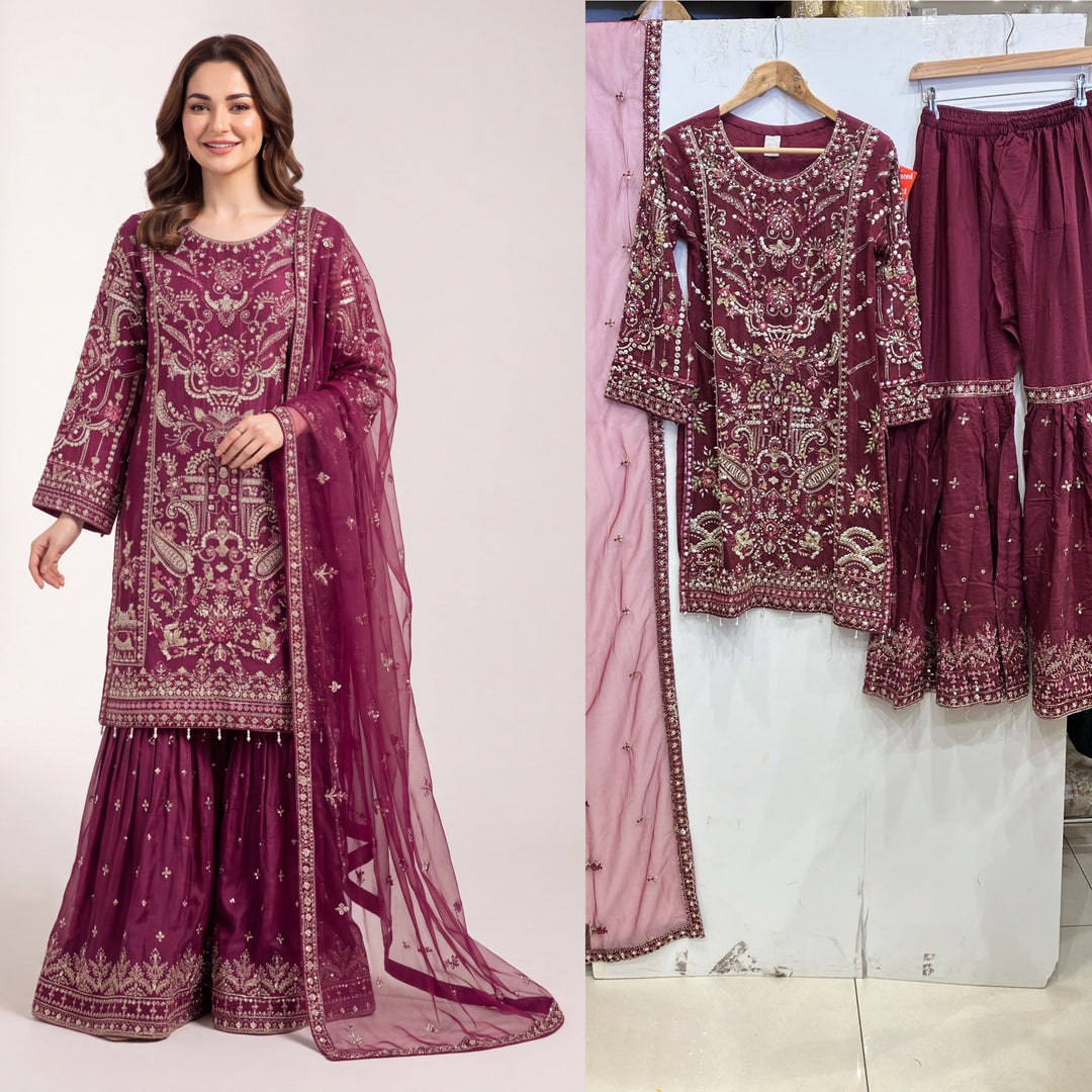 353A - Plum Embroidered Chiffon Gharara 3 Piece Suit