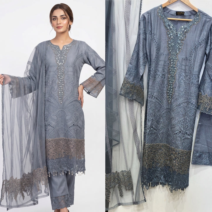 1173M - Grey Embroidered Linen 3 Piece suit