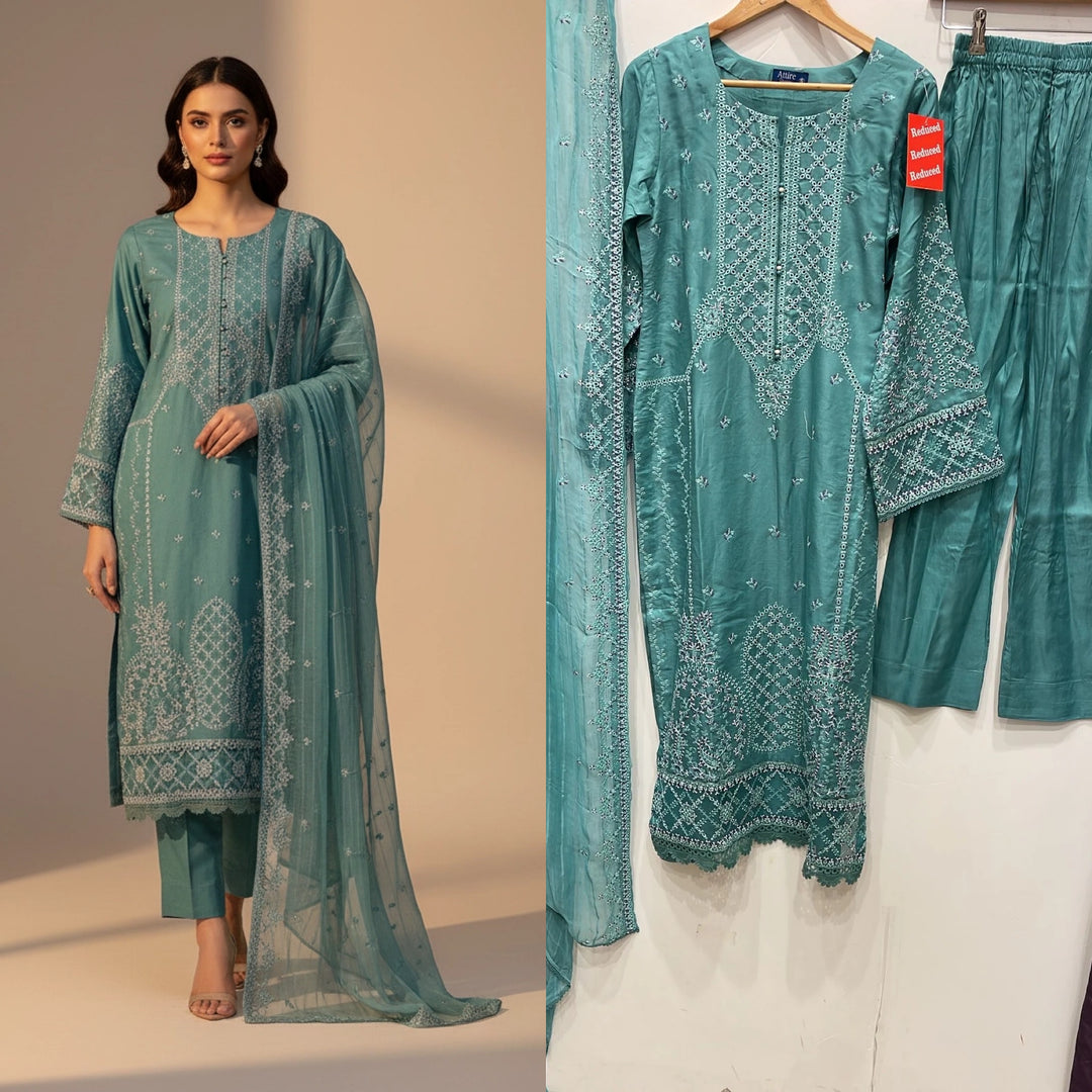 1174A - Teal Green Embroidered Linen 3 Piece suit