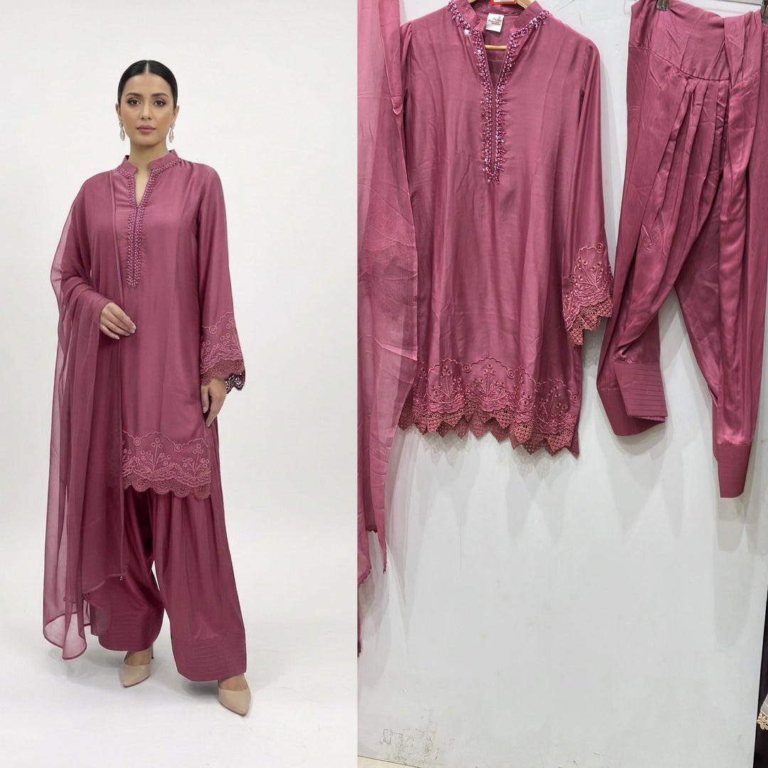 1116P - Pink Viscose Silk Shirt with Farshi Shalwar & Chiffon Dupatta