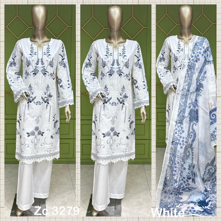 1118A- White Embroidered Cotton 3 Piece suit