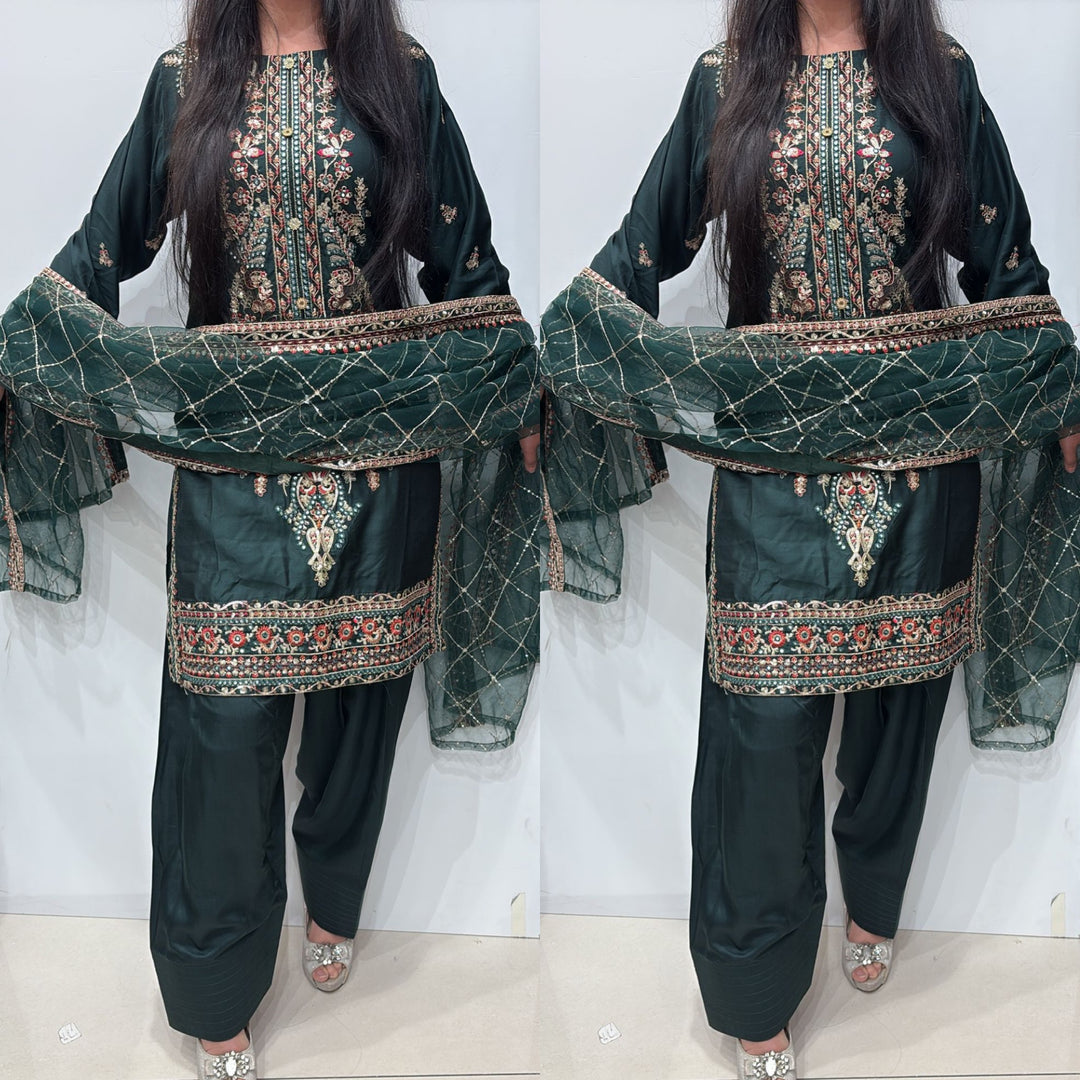 FR02 - GREEN EMBROIDERED VISCOSE SILK SUIT WITH FARSHI SHALWAR