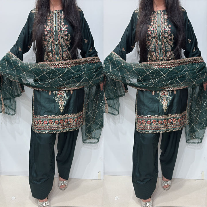 FR02 - GREEN EMBROIDERED VISCOSE SILK SUIT WITH FARSHI SHALWAR