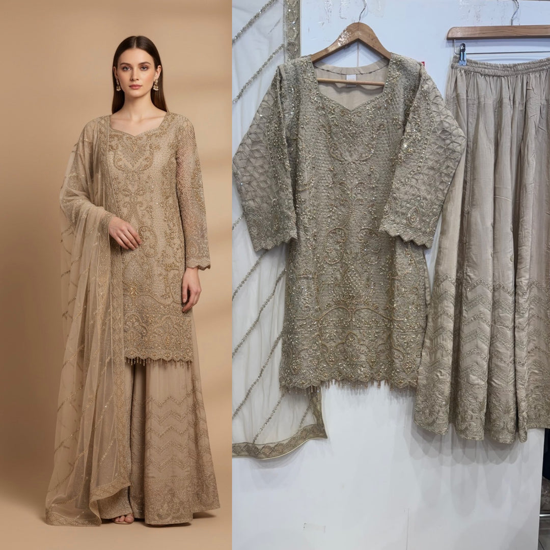 346A- Light Beige Embroidered Chiffon 3 Piece Suit