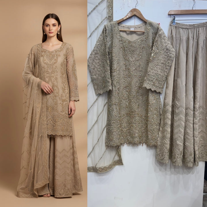 346A- Light Beige Embroidered Chiffon 3 Piece Suit