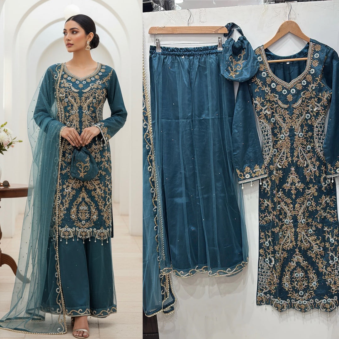 0173D- TEAL EMBROIDERED SHARARA SUIT