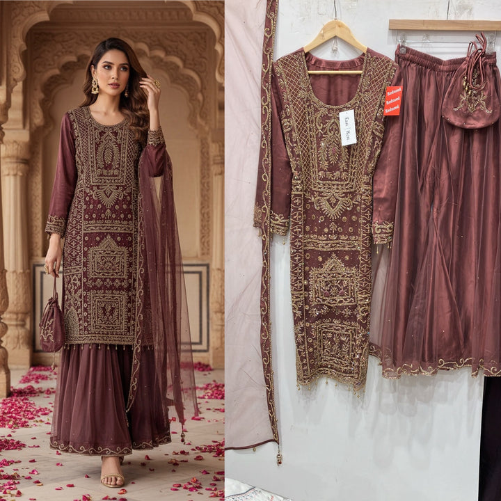 218D- DUSTY ROSE EMBROIDERED & EMBELLISHED NET SUIT