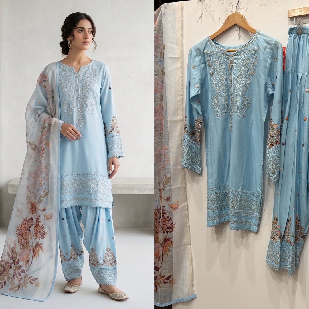 1130G - Light Blue Viscose Shirt with Farshi Shalwar & Chiffon - East meets west clothing 
