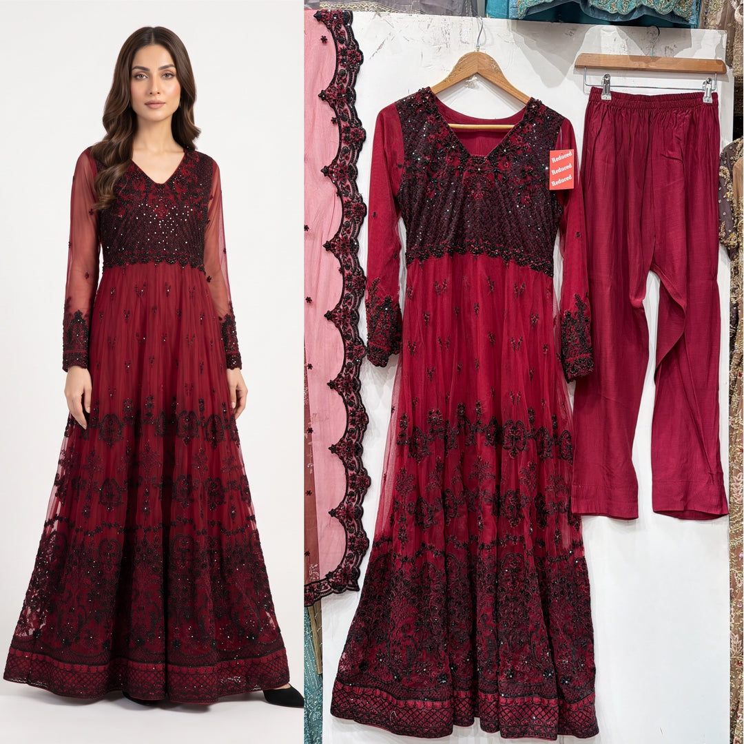 370B - MAROON NET EMBROIDERED LONG DRESS