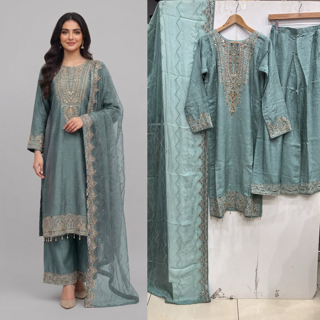 364A- Green Embroidered Silk 3 Piece Suit