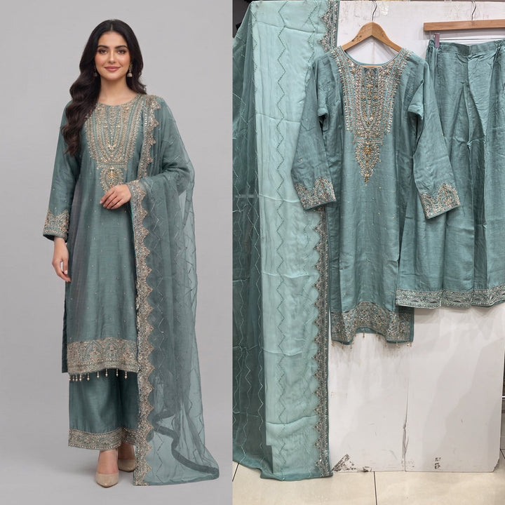 364A- Green Embroidered Silk 3 Piece Suit