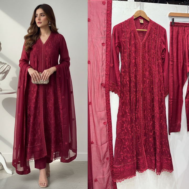 331B- RED EMBROIDERED CHIFFON 3 PIECE SUIT