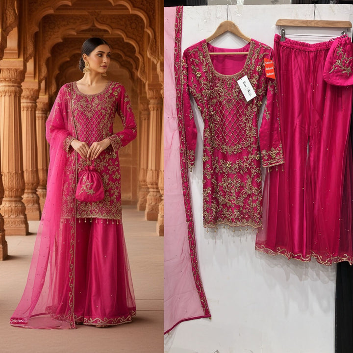 198C - PINK EMBROIDERED & EMBELLISHED NET SUIT