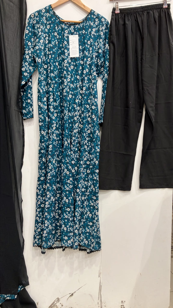 LS03 - TEAL COTTON PRINT LONG DRESS 3 PIECE SUIT