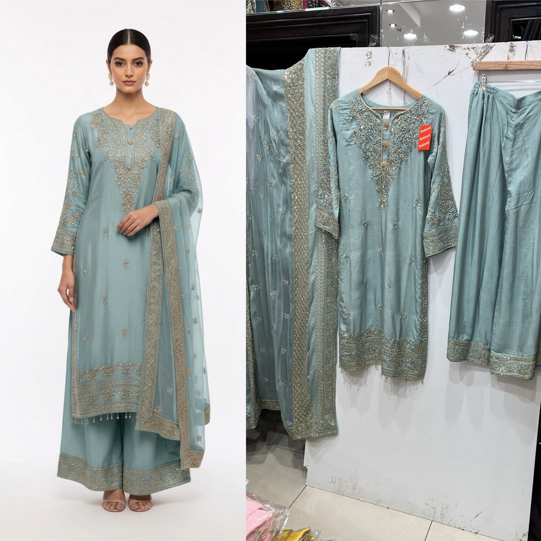319A - Aqua Green Embroidered Silk 3 Piece Pakistani Suit