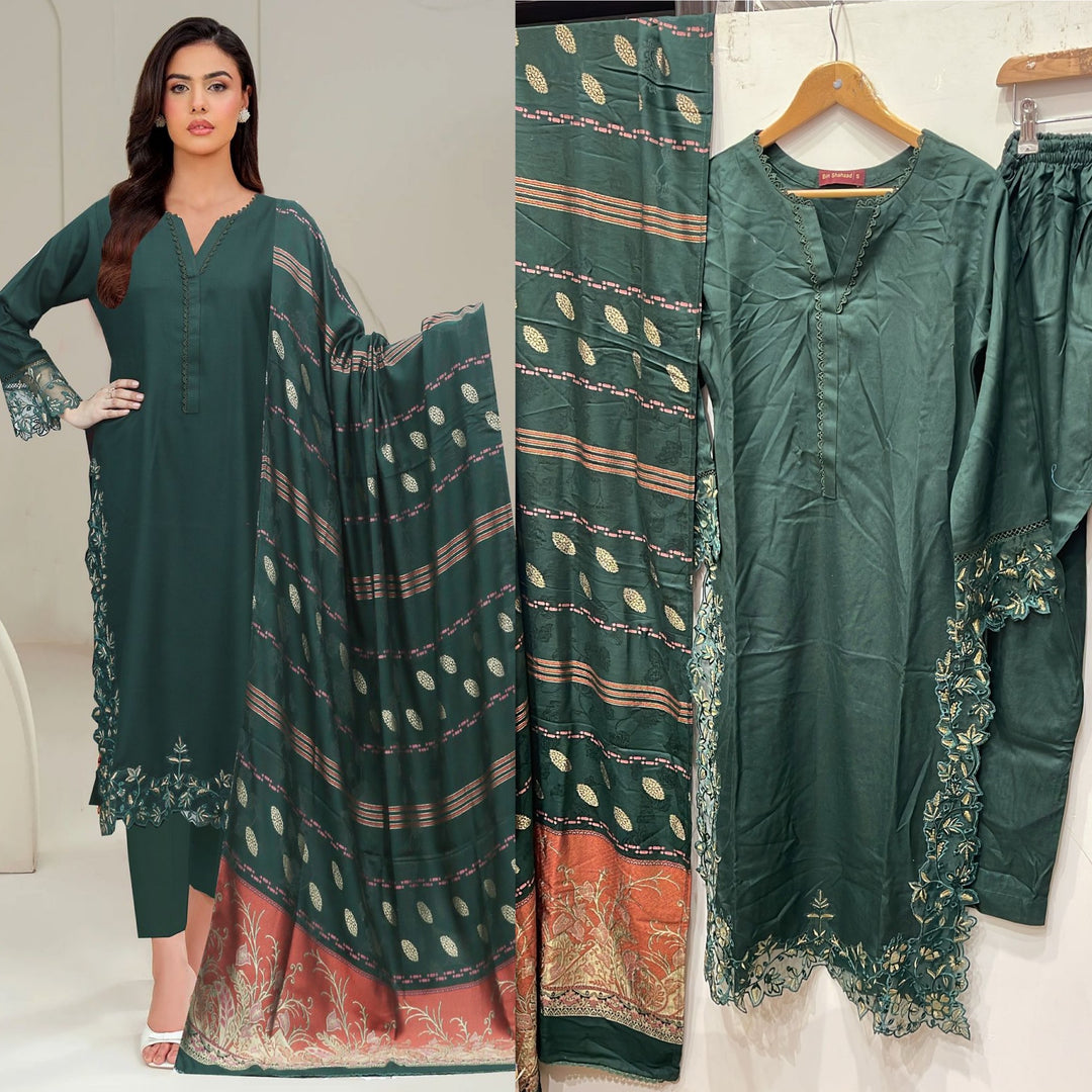 DL04- GREEN DHANAK LINEN EMBROIDERED SUIT