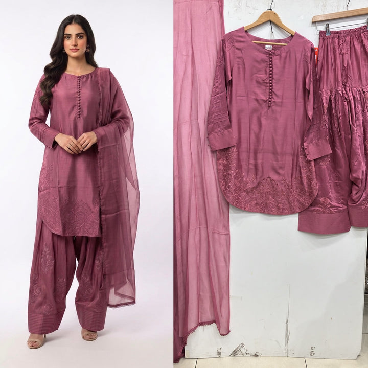 1113C - Purplish Pink Embroidered Viscose Farshi Shalwar 3 Piece suit