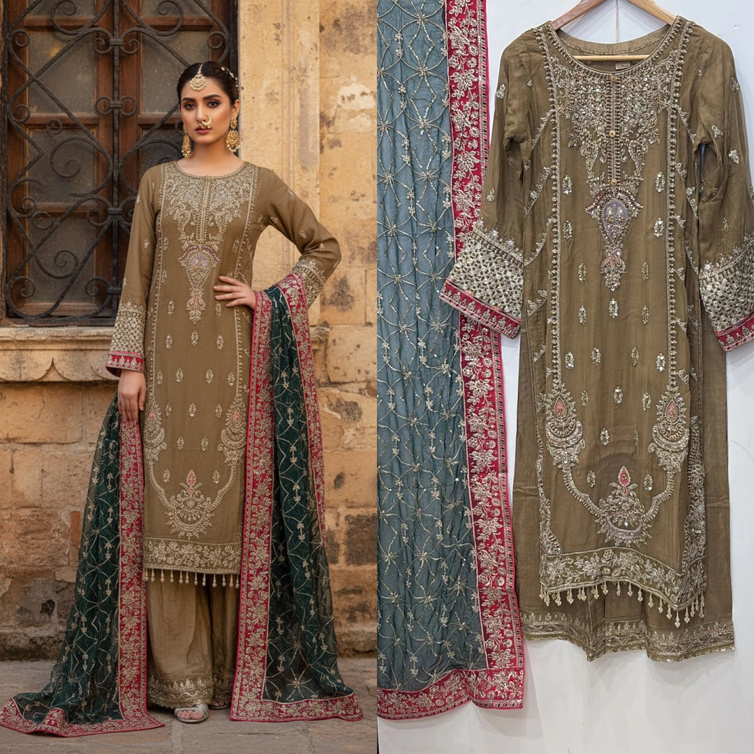 329B- Embroidered Chiffon 3 Piece Suit