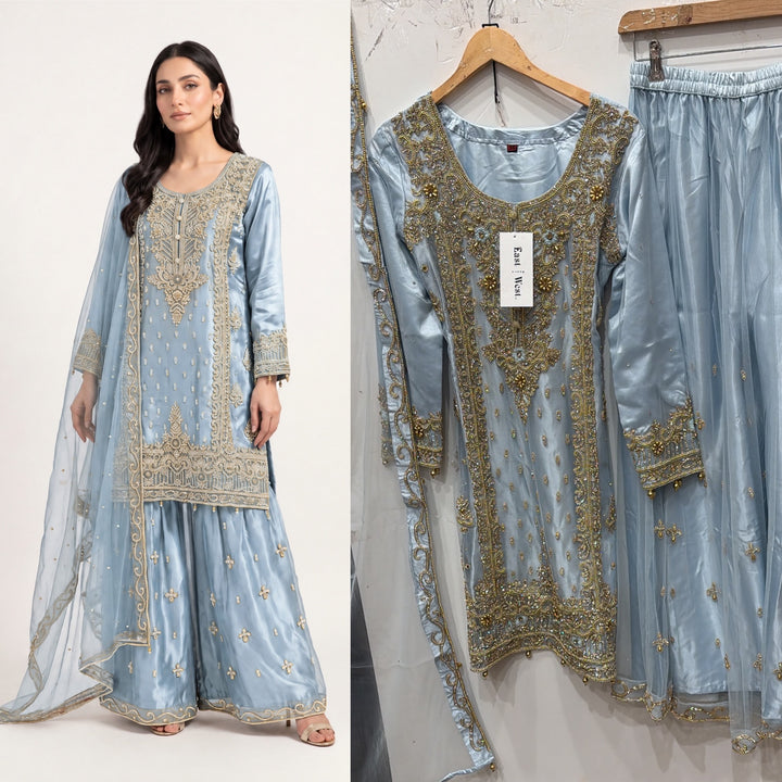 142B LIGHT BLUE EMBROIDERED & EMBELLISHED NET 3 PIECE SUIT
