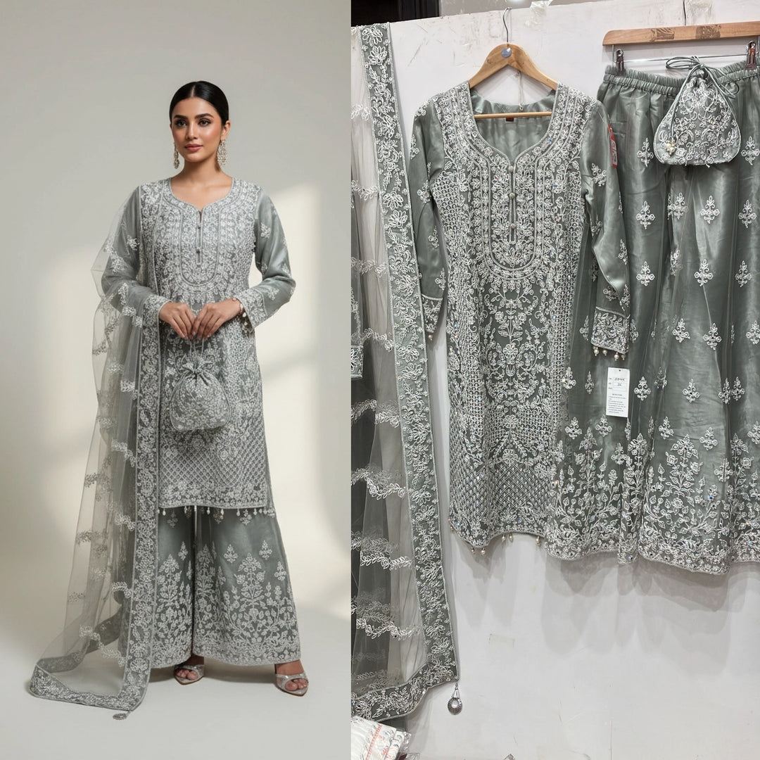 178C - GREY EMBROIDERED & EMBELLISHED NET SUIT