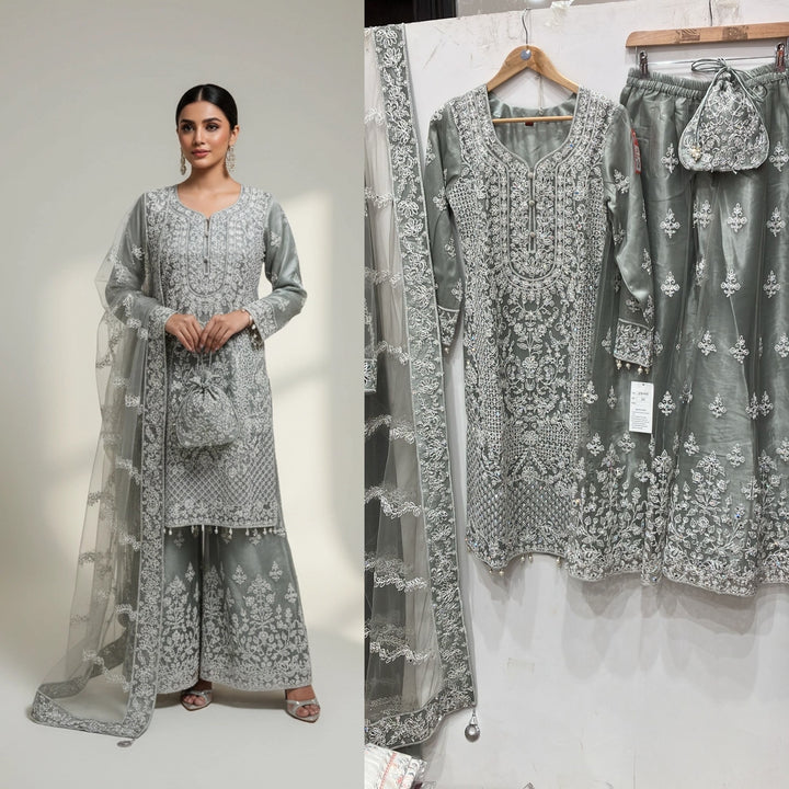 178C - GREY EMBROIDERED & EMBELLISHED NET SUIT